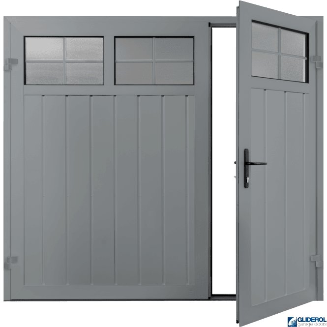 Gliderol WINDOW GREY (RAL7040) Premium Vertical Medium Rib (non-insulated) Side Hinged Garage Door with windows (1/3)