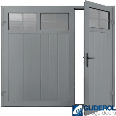 WINDOW GREY (RAL7040) Premium Vertical Medium Rib (non-insulated) Side Hinged Garage Door with windows (1/3)