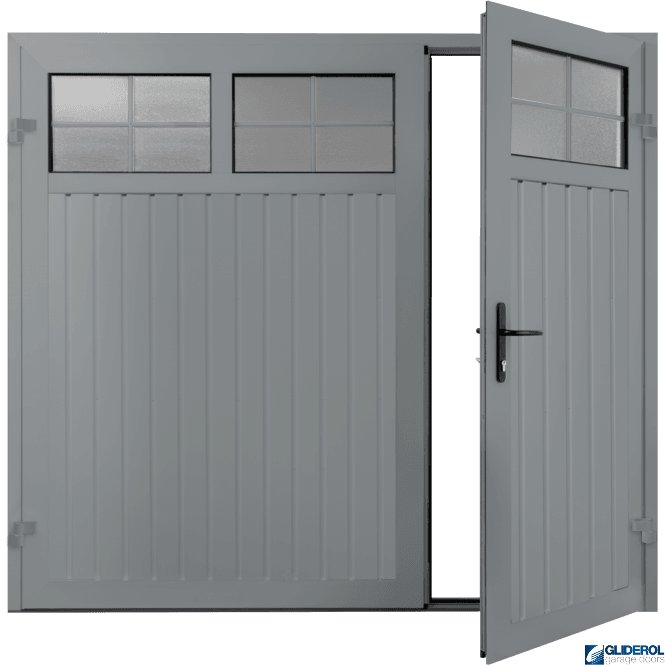 Gliderol WINDOW GREY (RAL7040) Premium Vertical Standard Rib (non-insulated) Side Hinged Garage Door with windows (1/3)
